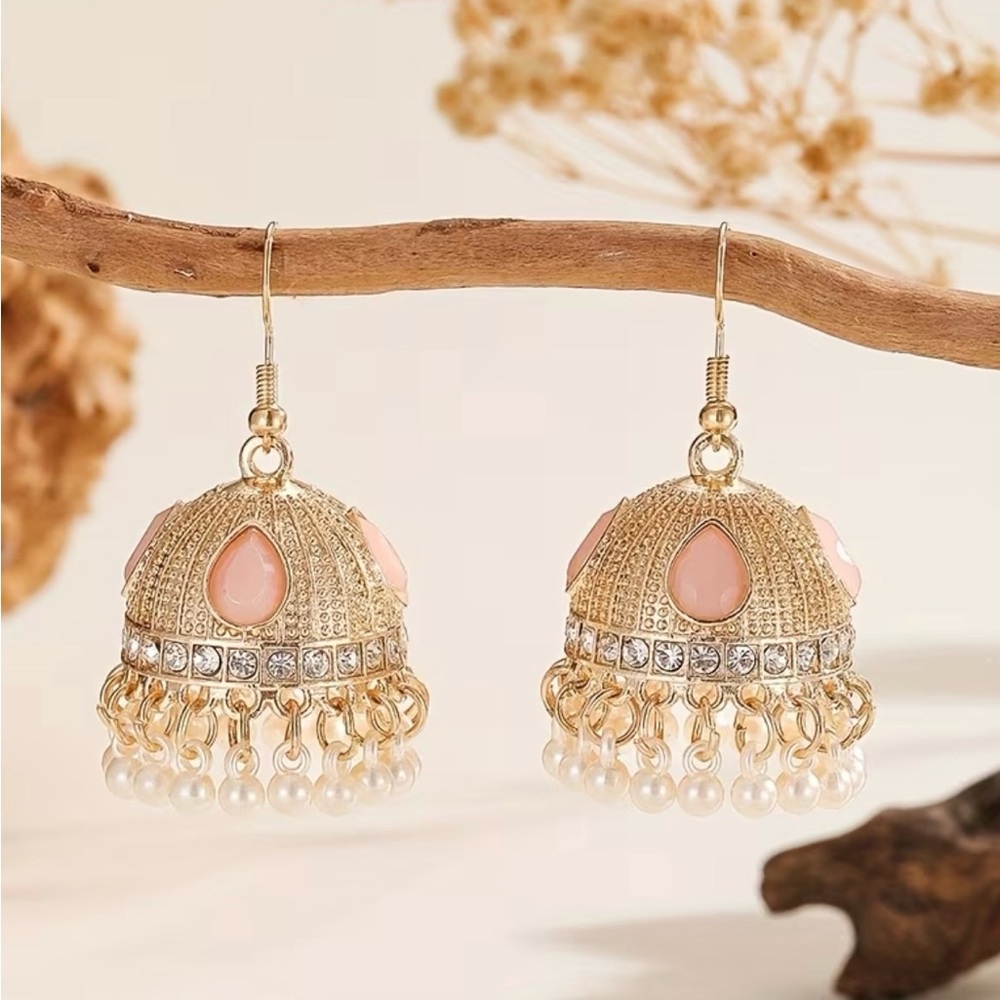 Elegant Gold and Pink Jhumka Earrings